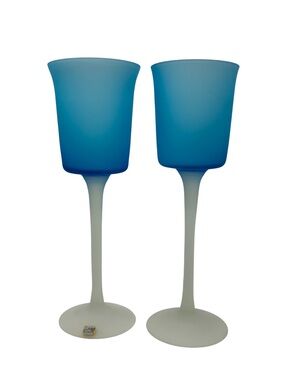 Murano Carlo Moretti Blue Satinato Empoli? 2 Glasses VTG Silver Foil Sticker
